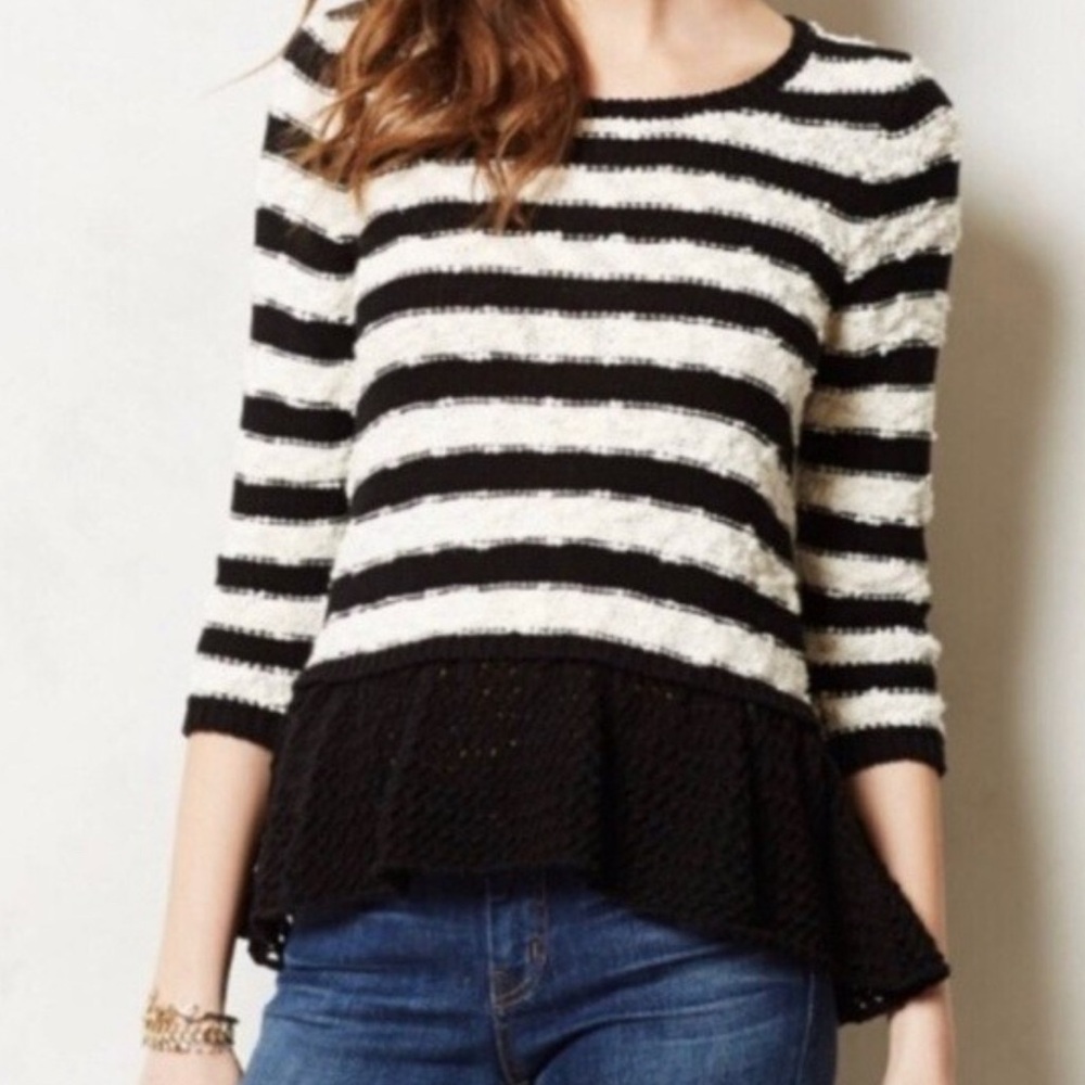 Knitted & Knotted Anthropologie Black Ivory Striped Peplum Crochet Sweater Small